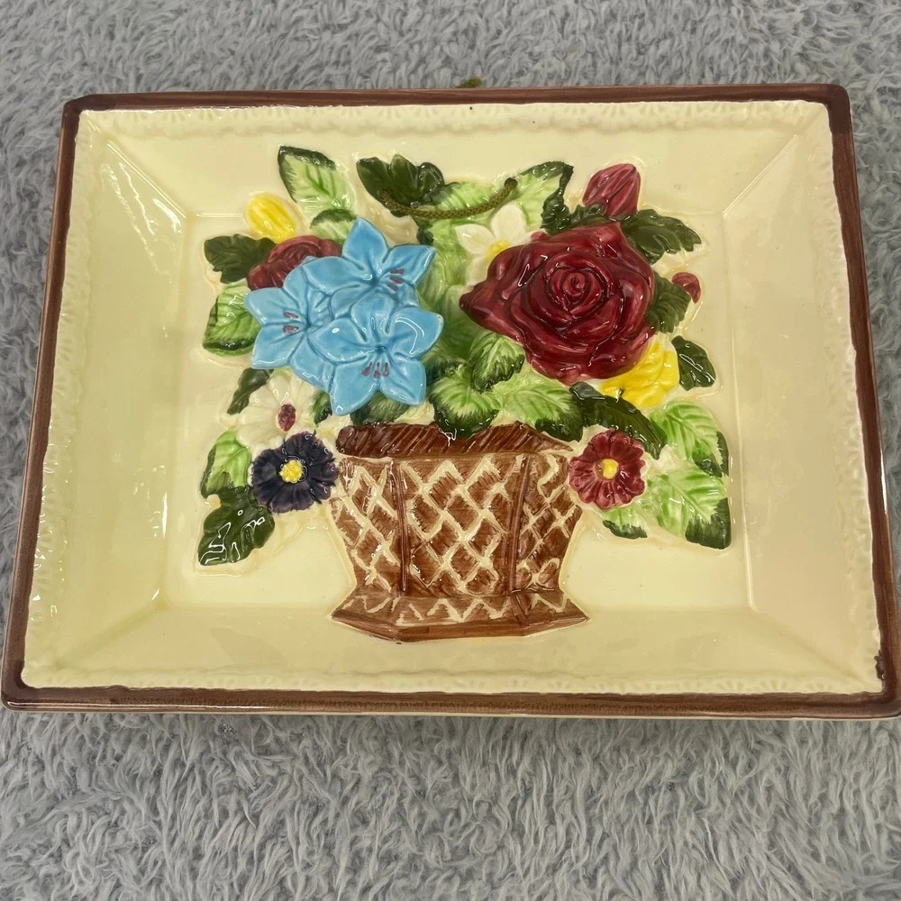 Vintage Japan Ceramic Wall Plaque Framed Basket Floral 3D Dioram Art
